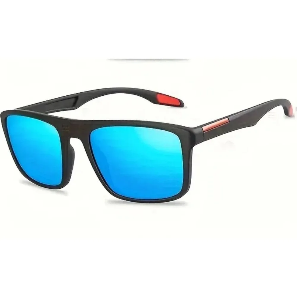 Mens Square Sunglasses Black Frame Blue Mirrored Lens Accents Outdoor Work Gafas